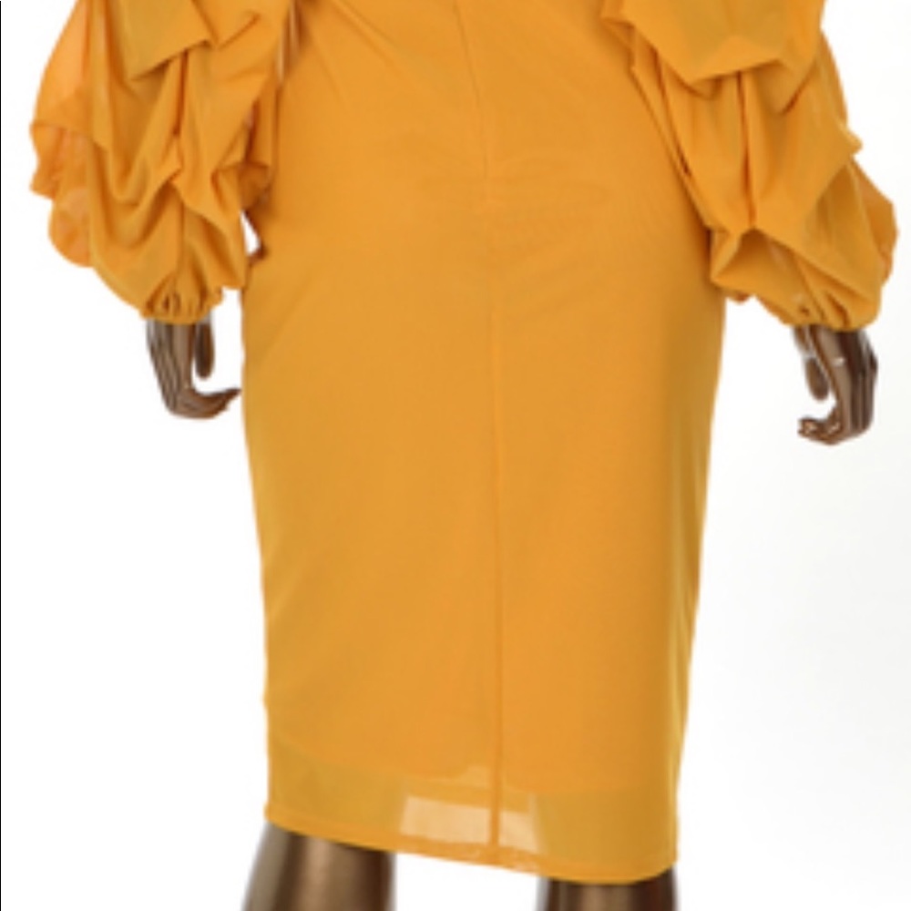 Mustard Long Sleeve Feathered Dress - Picture 6 of 6